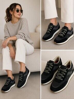 Munro Piper Sneaker Black Suede Low Top Glitter Lace Up Arch Support Size 9.5 W